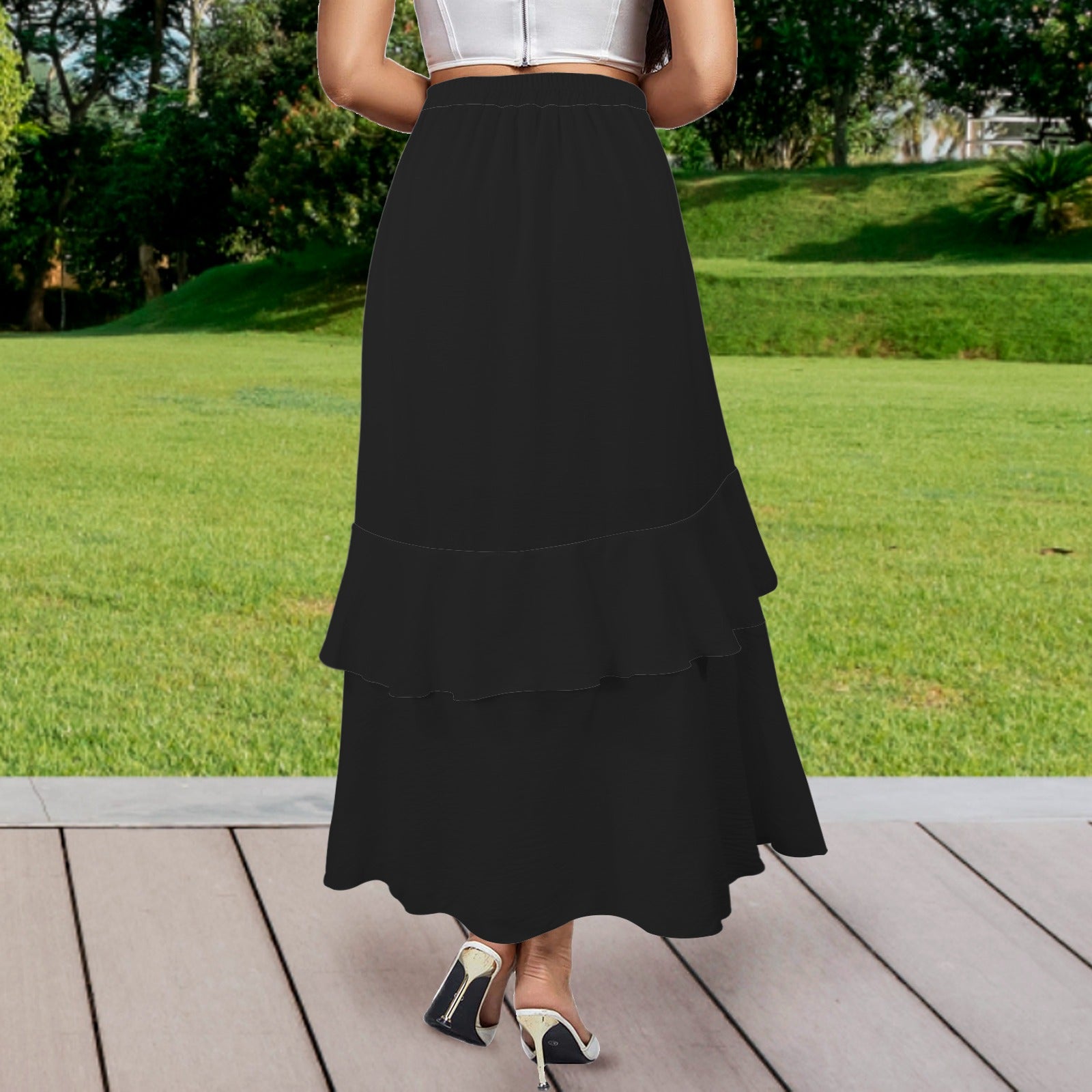 High Side Split Ruffle Hem Maxi Skirt Black