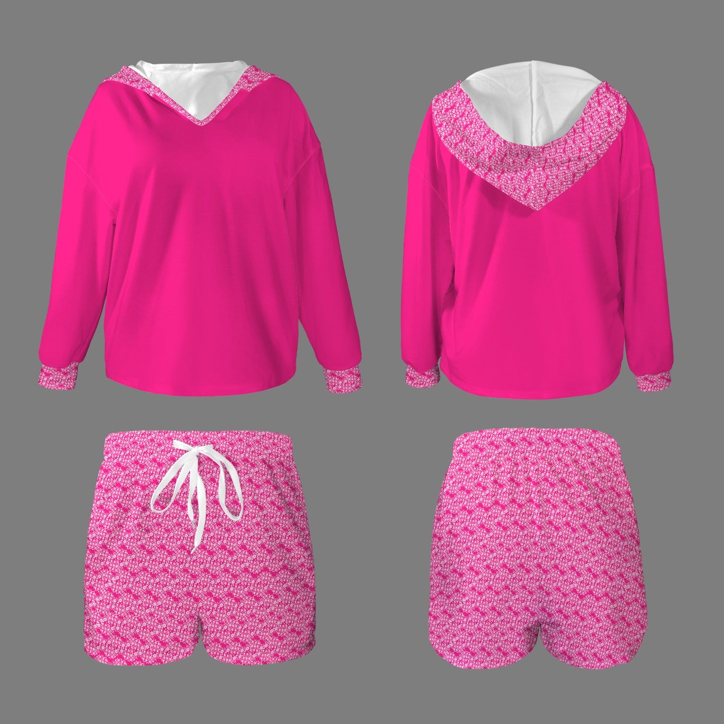 Long Sleeve Hooded Tops & Drawstring Shorts Set Magenta White Floral