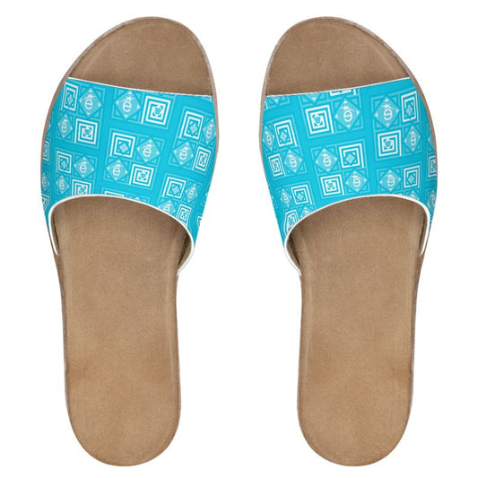 Womens Leather Sliders é Logo Bright Ocean