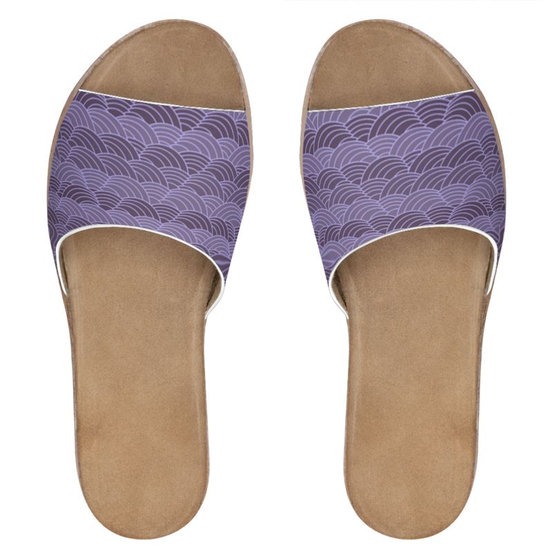 Womens Leather Sliders Violet Scallop Print