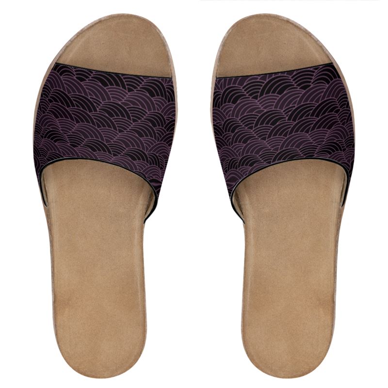 Womens Leather Sliders Dark Plum Scallop Print