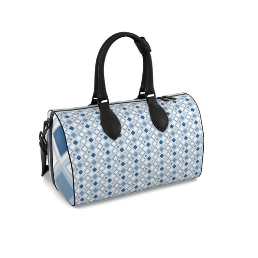 Smaller Size Leather Duffle Bag in Blue & White Diamond Geo Print