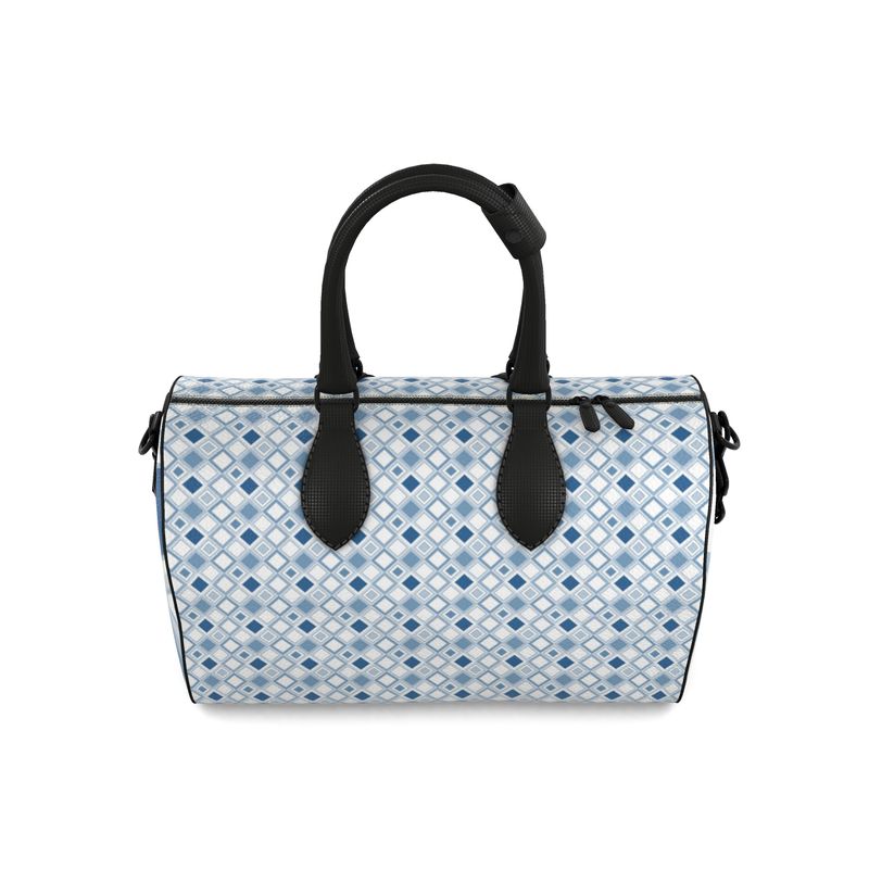 Smaller Size Leather Duffle Bag in Blue & White Diamond Geo Print