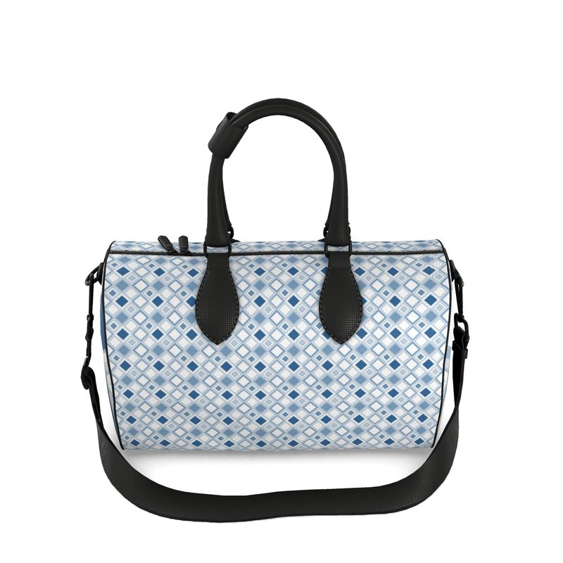 Smaller Size Leather Duffle Bag in Blue & White Diamond Geo Print