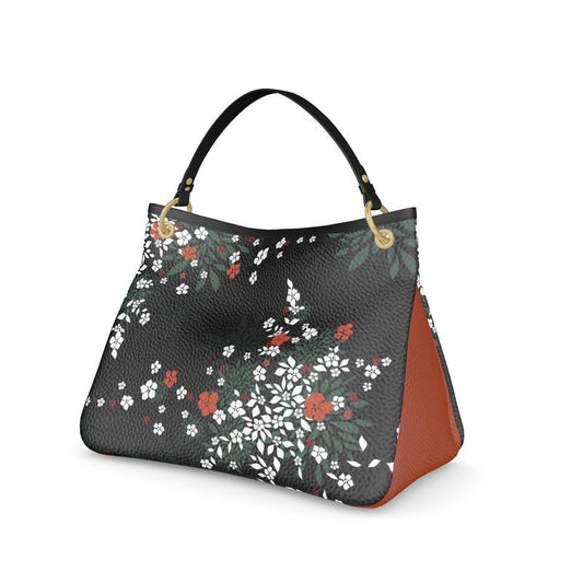 Leather Talbot Slouch Handbag Cherry Blossom Print on Black