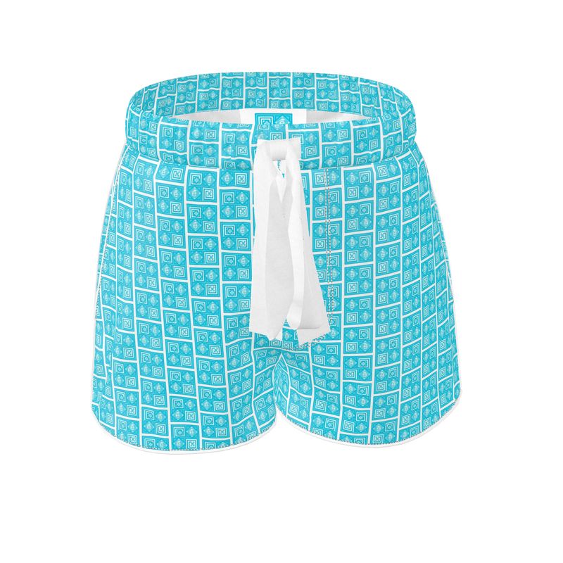 Ladies Luxury Silk Pajama Shorts Turquoise Logo Print