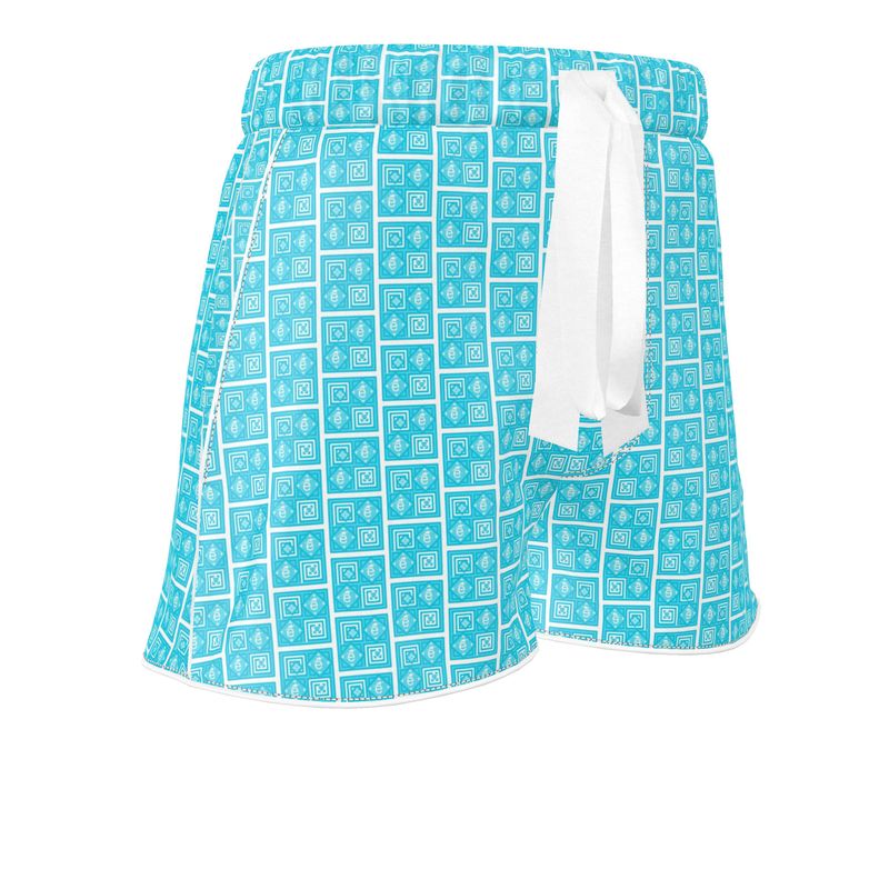 Ladies Luxury Silk Pajama Shorts Turquoise Logo Print