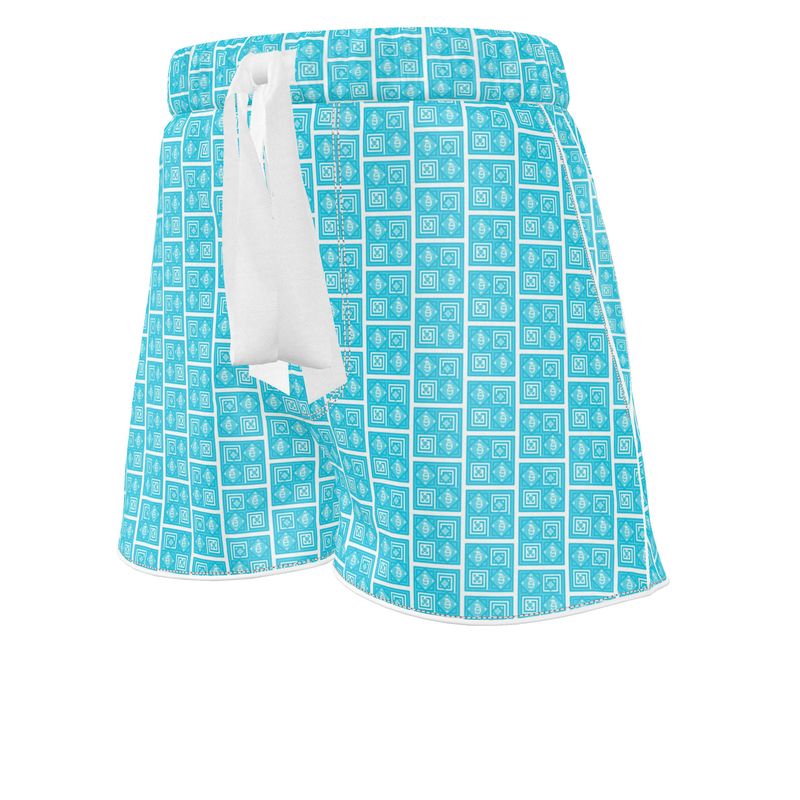 Ladies Luxury Silk Pajama Shorts Turquoise Logo Print