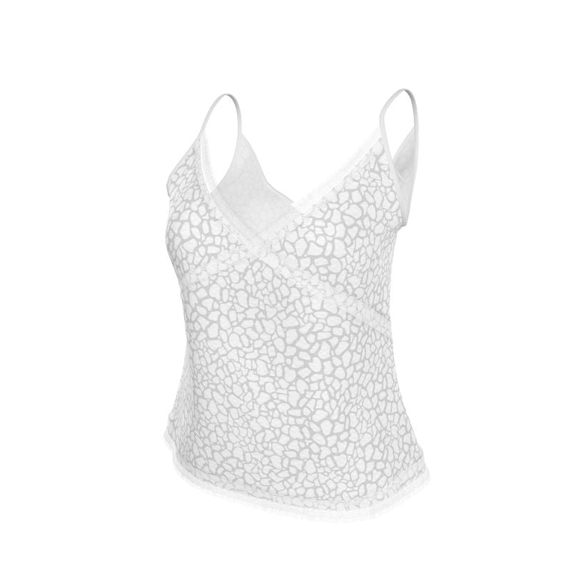 White Grey Pebble Print Cami with White Lace Trim