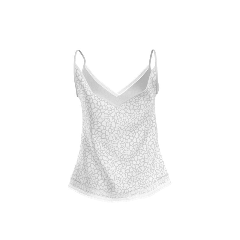 White Grey Pebble Print Cami with White Lace Trim