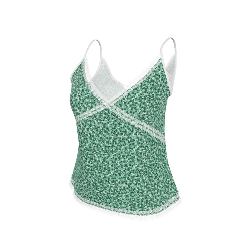 Green Floral Cami with White Lace Trim