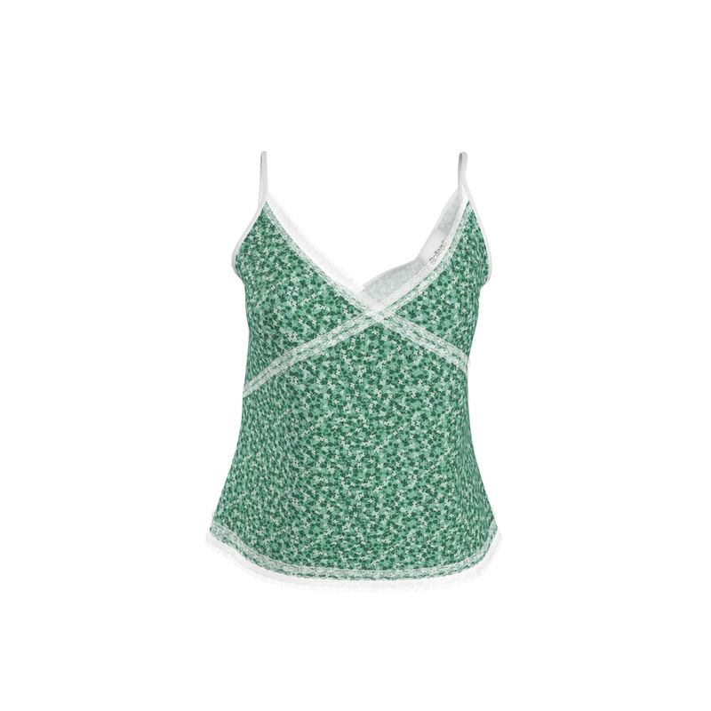 Green Floral Cami with White Lace Trim