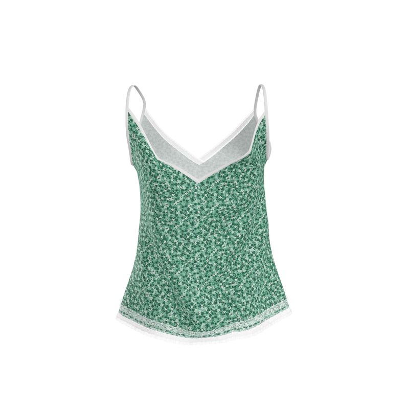 Green Floral Cami with White Lace Trim