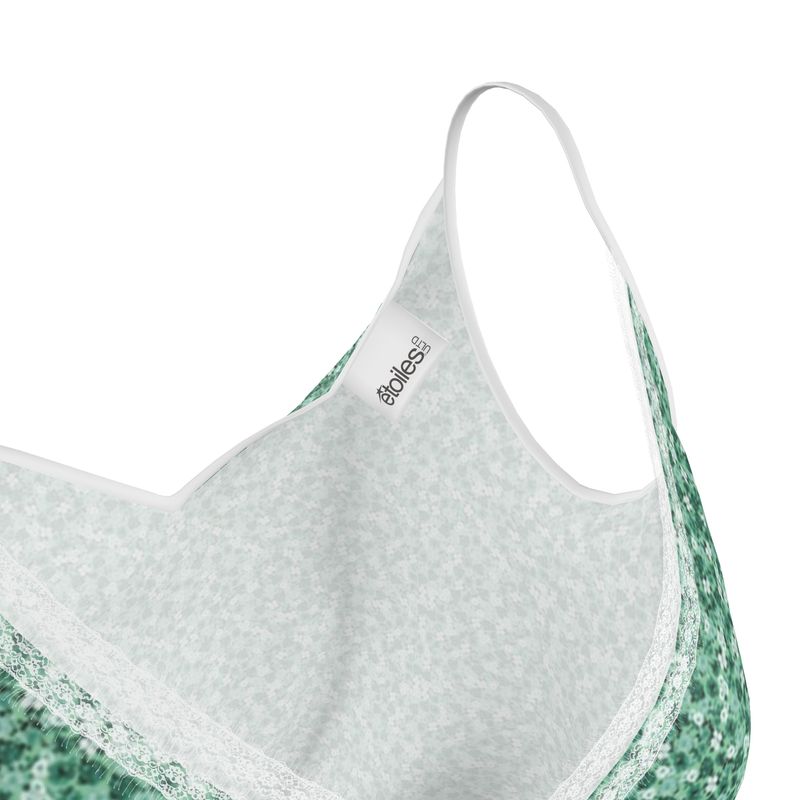 Green Floral Cami with White Lace Trim