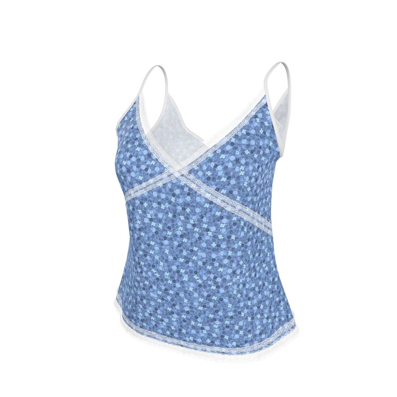 Blue Floral Cami with White Lace Trim