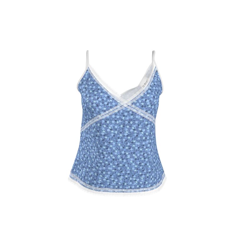 Blue Floral Cami with White Lace Trim