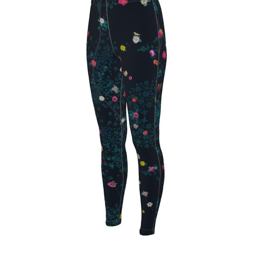 High Waisted Leggings Midnight Teal Floral Vine